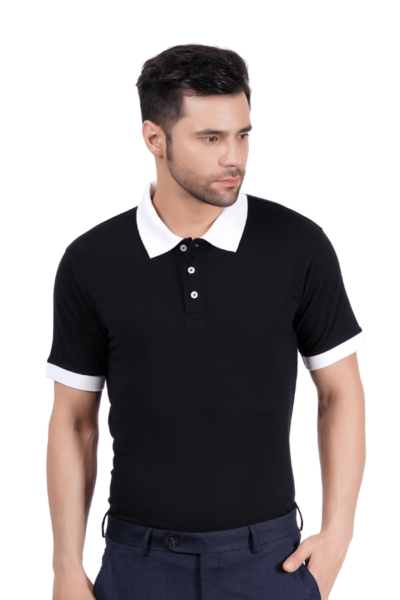 Model Ramil wearing the subtle Black Polo T shirt and looking right.