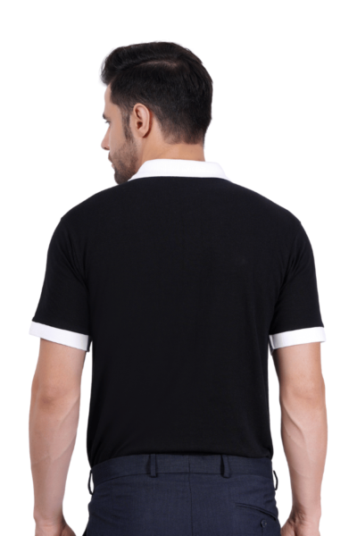 Model Ramil wearing the subtle Black Polo T shirt and back photo