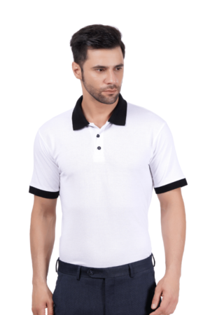 Model named ramil wearing White polo T shirt and looking on side. this is a main Photo of the product.