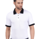 Model named ramil wearing White polo T shirt and looking on side. this is a main Photo of the product.