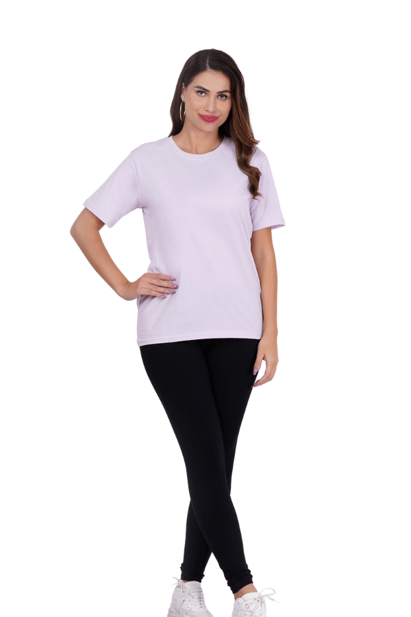 Full body photo of Bruna wearing LAVENDER T SHIRT and this is the second photo of the product.