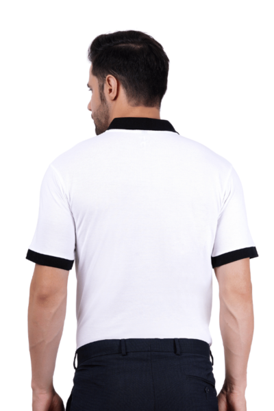 Model named ramil wearing White polo T shirt and this photo is from behind. this is a 3rd Photo of the product.