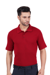 Model Ramil wearing MAROON T SHIRT looking at side. This the main photo of the product